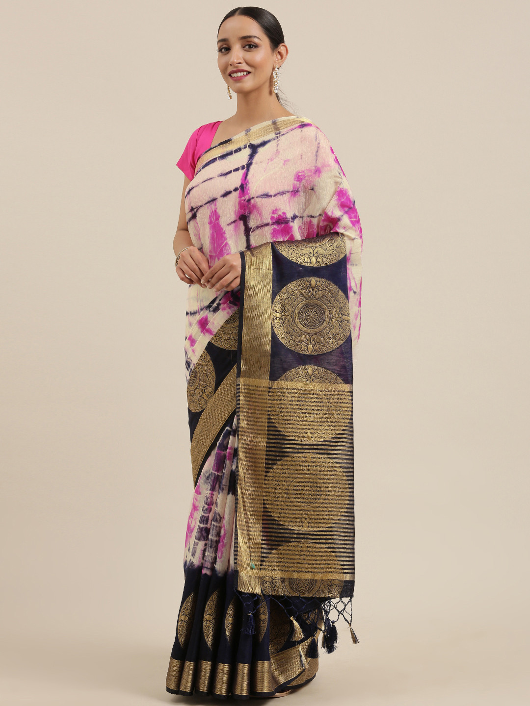 MIMOSA Navy Blue & Cream-Coloured Linen Blend Dyed Banarasi Saree