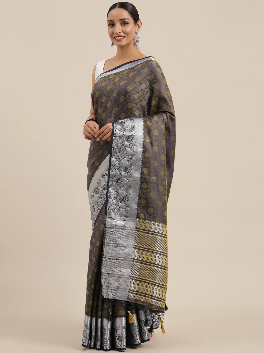 MIMOSA Brown & Navy Blue Woven Design Kanjeevaram Saree