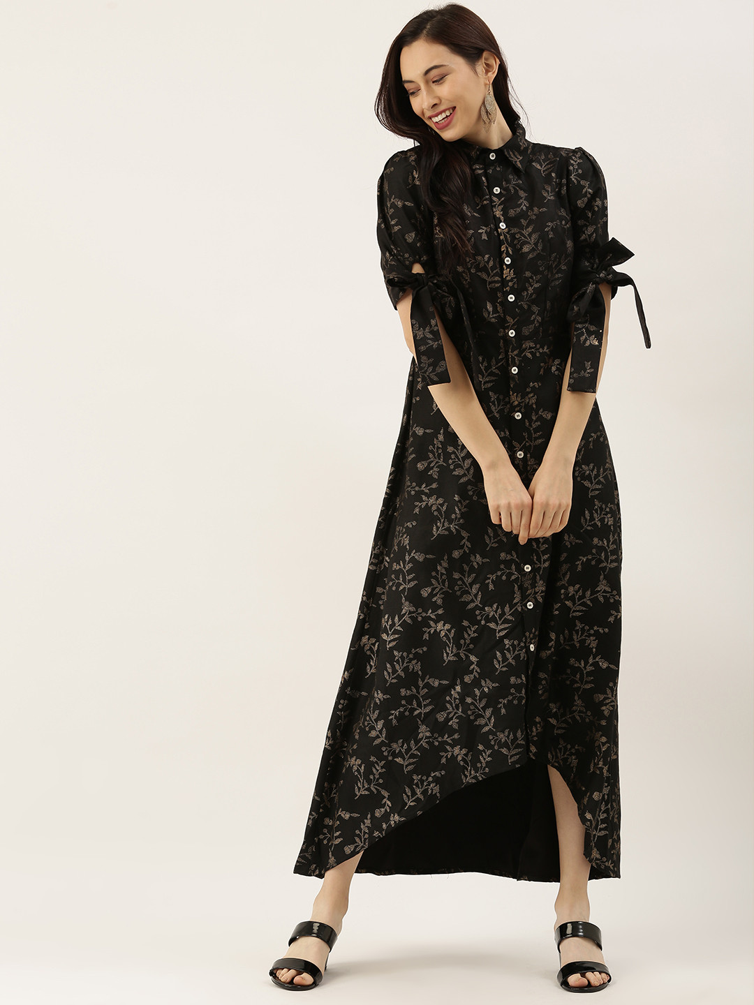 Ethnovog Women Black Printed Made To Measure Asymmetric Shirt Dress