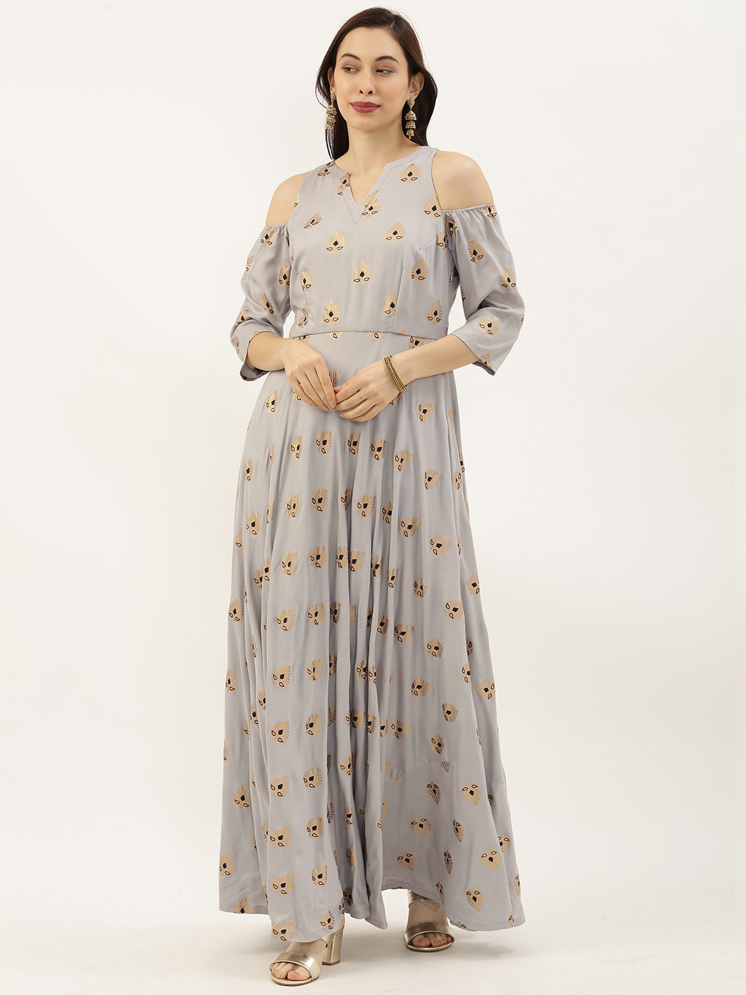 Ethnovog Women Grey Foil Printed Made To Measure Maxi Dress