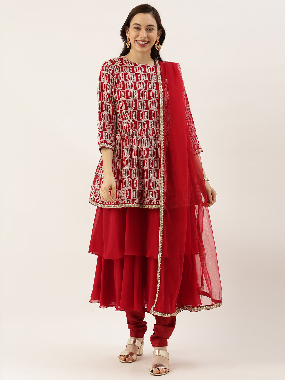 Ethnovog Women Maroon  White Embroidered Made to Measure Kurta with Churidar  Dupatta