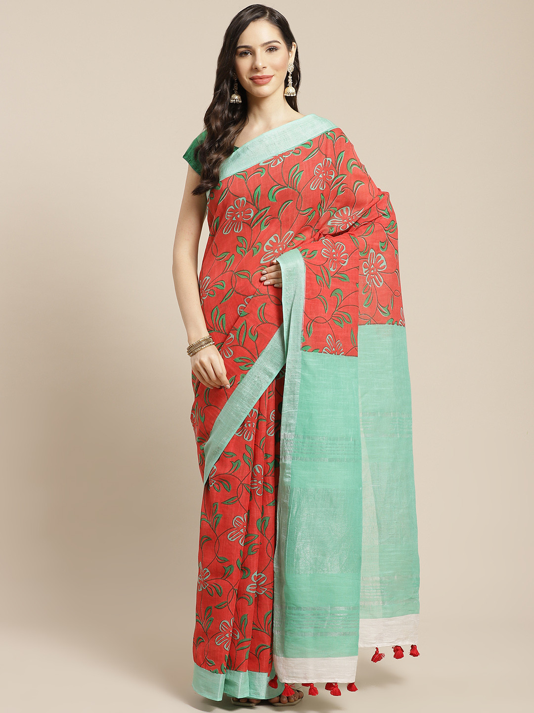 FIROZA Red & Green Floral Print Zari Saree