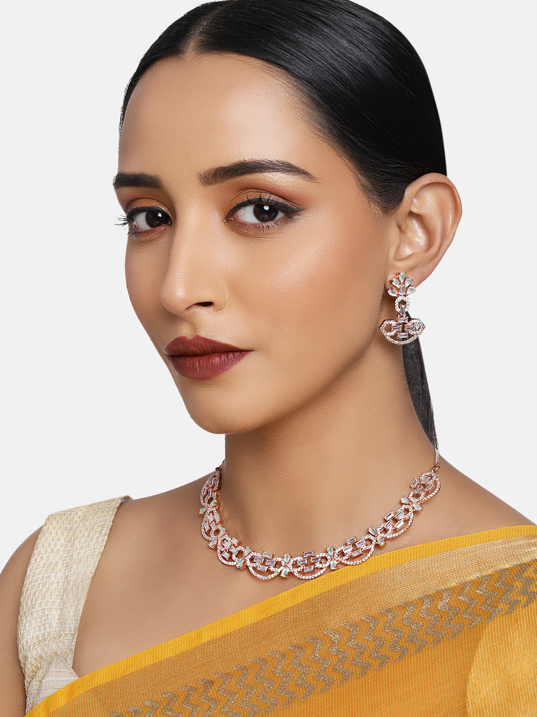 justpeachy White & Light Green Gold-Plated AD Studded Jewellery Set