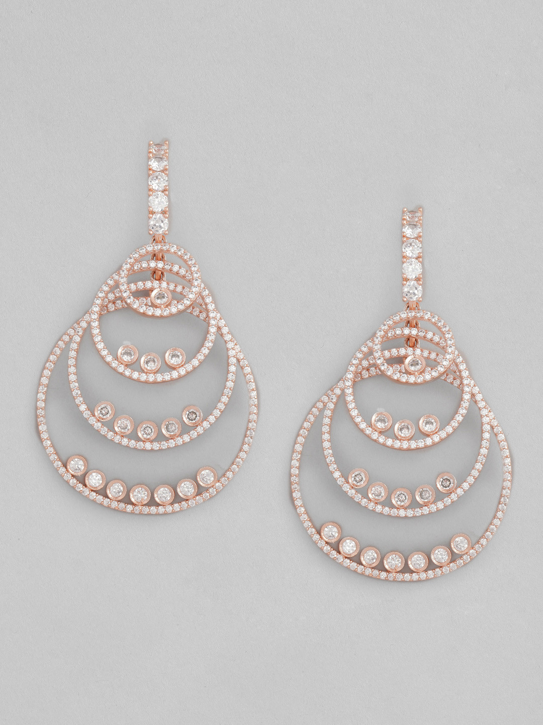 Justpeachy Rose Gold-Plated American Diamond Studded Circular Drop Earrings