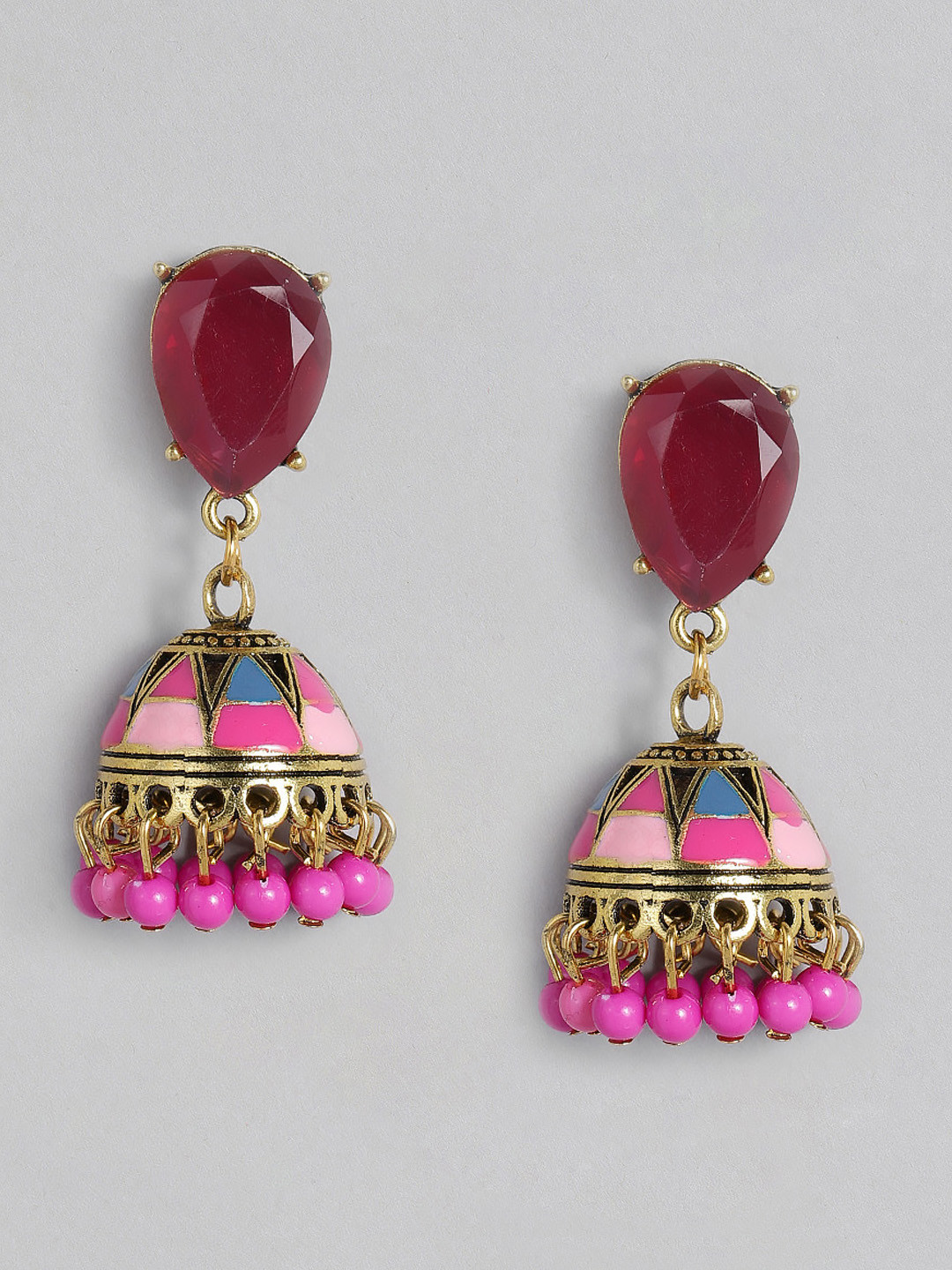 justpeachy Red & Pink Gold-Plated Enamelled Embellished Classic Jhumkas
