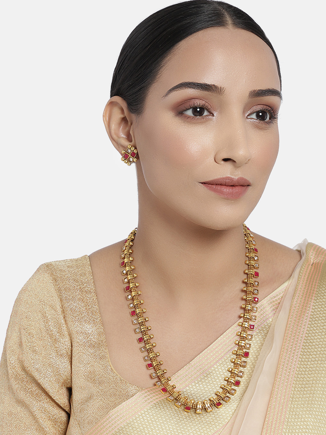 I Jewels Gold-Plated Red & White Antique Stone Studded Jewellery Set