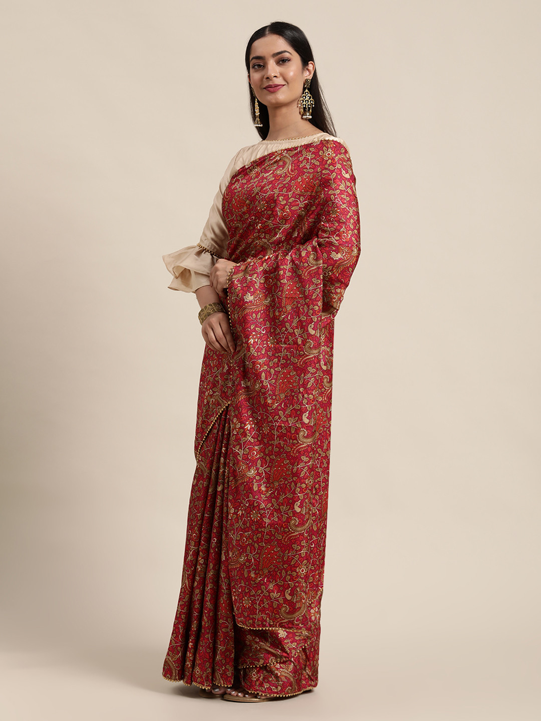 Ethnovog Maroon Kalamkari Silk Blend Saree