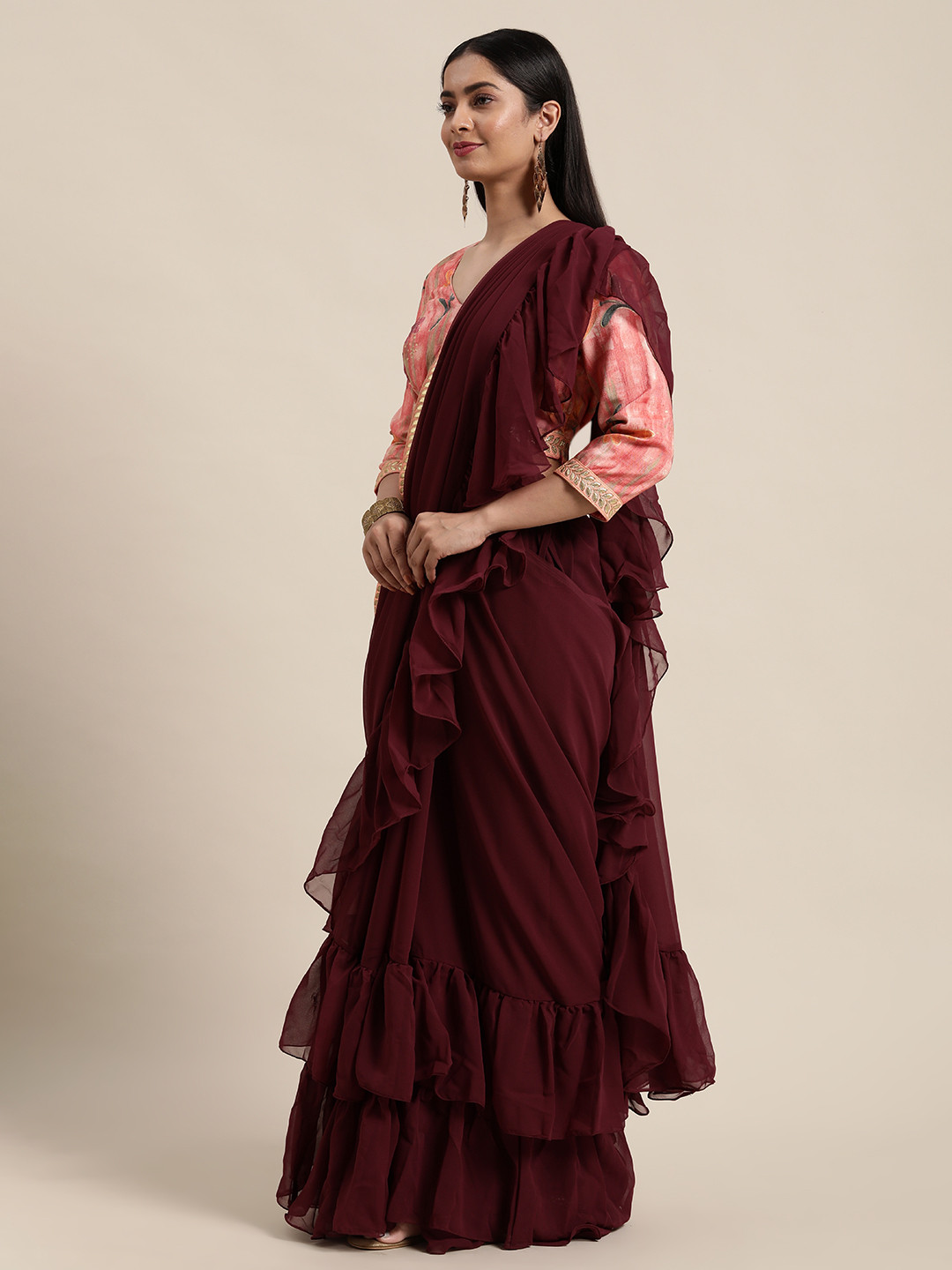 Ethnovog Burgundy Ruffle Saree