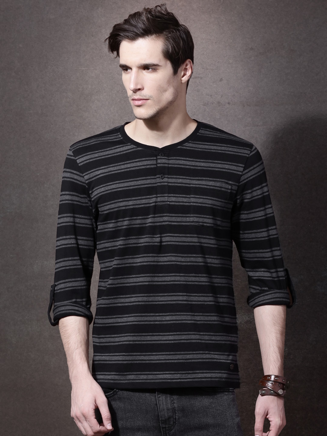 Buy Men Black & Grey Striped Henley T Shirt - for Men 1392091 |