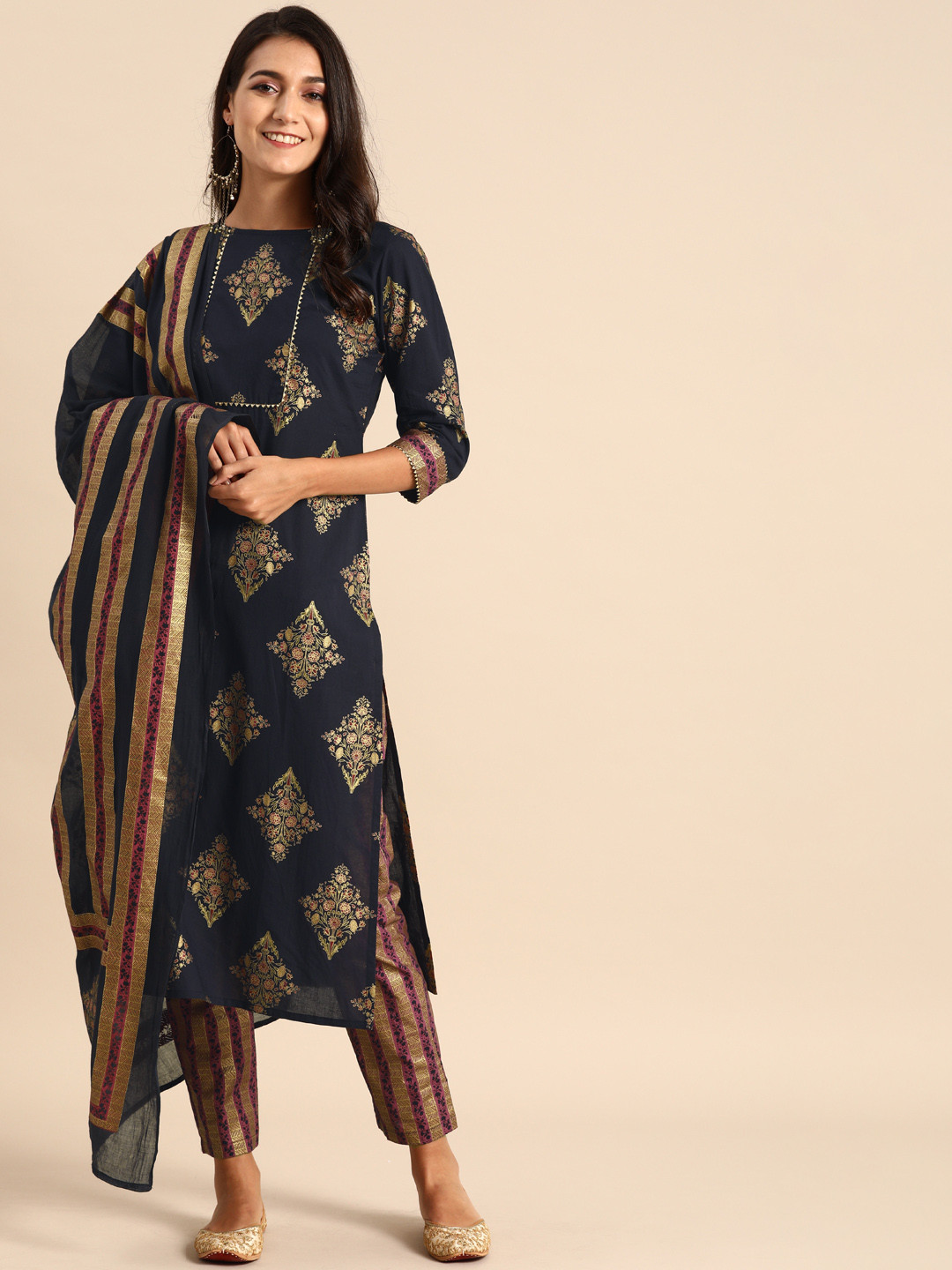 Rajnandini Women Navy Blue Printed Pure Cotton Kurta with Trousers & Dupatta