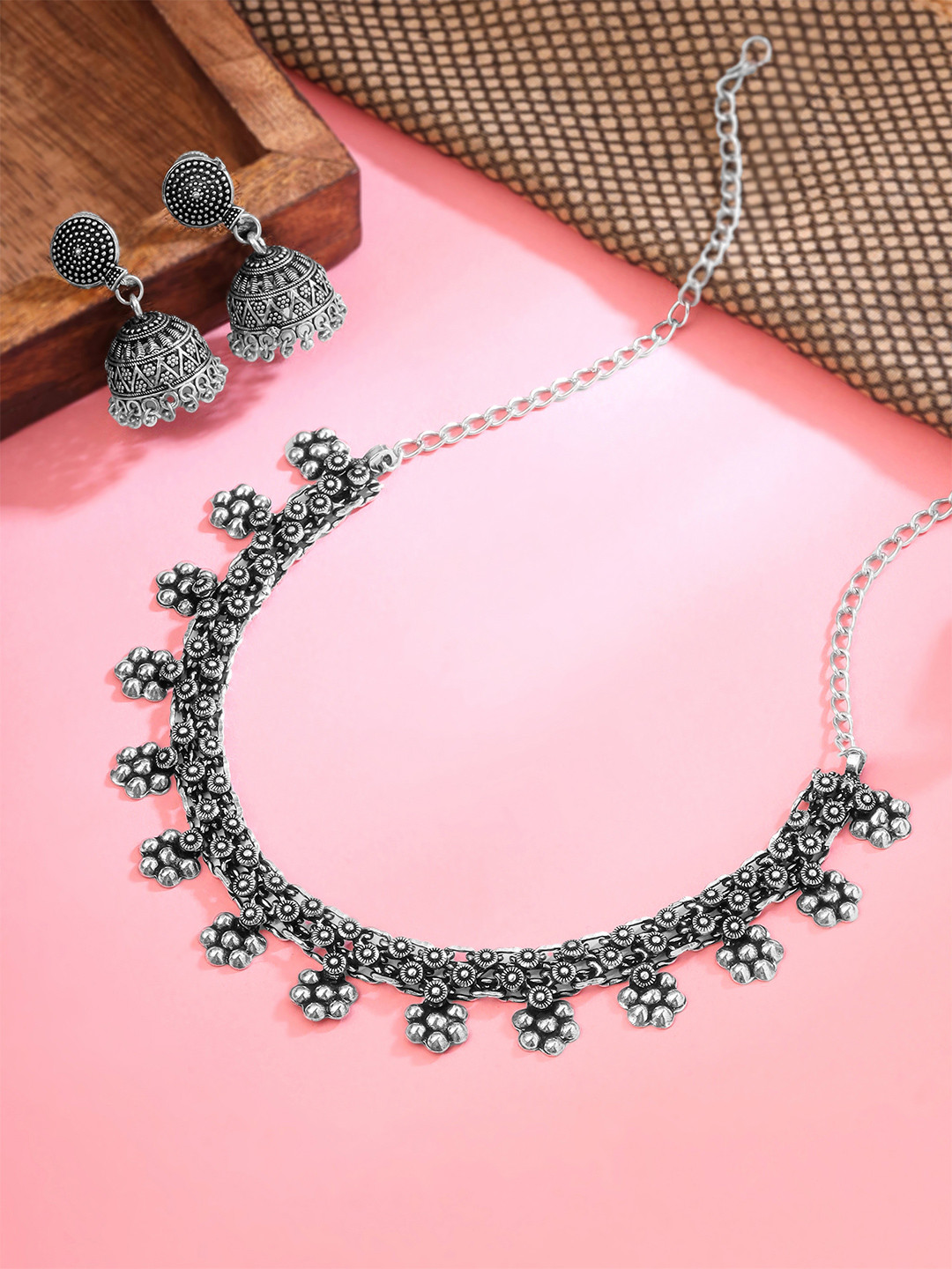 Yellow Chimes Oxidised Silver-Plated Floral Shaped Kolhapuri Jewellery Set