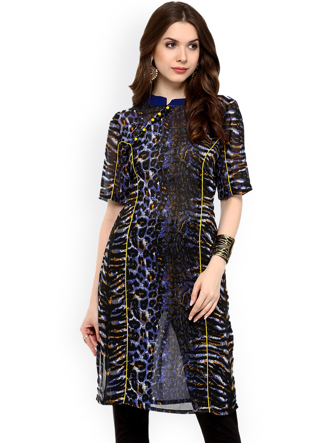 Pannkh Blue Animal Print Georgette Kurta