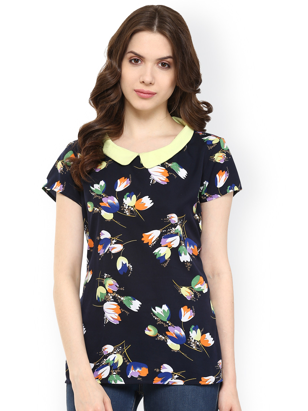 Pannkh Navy Floral Print Polyester Top