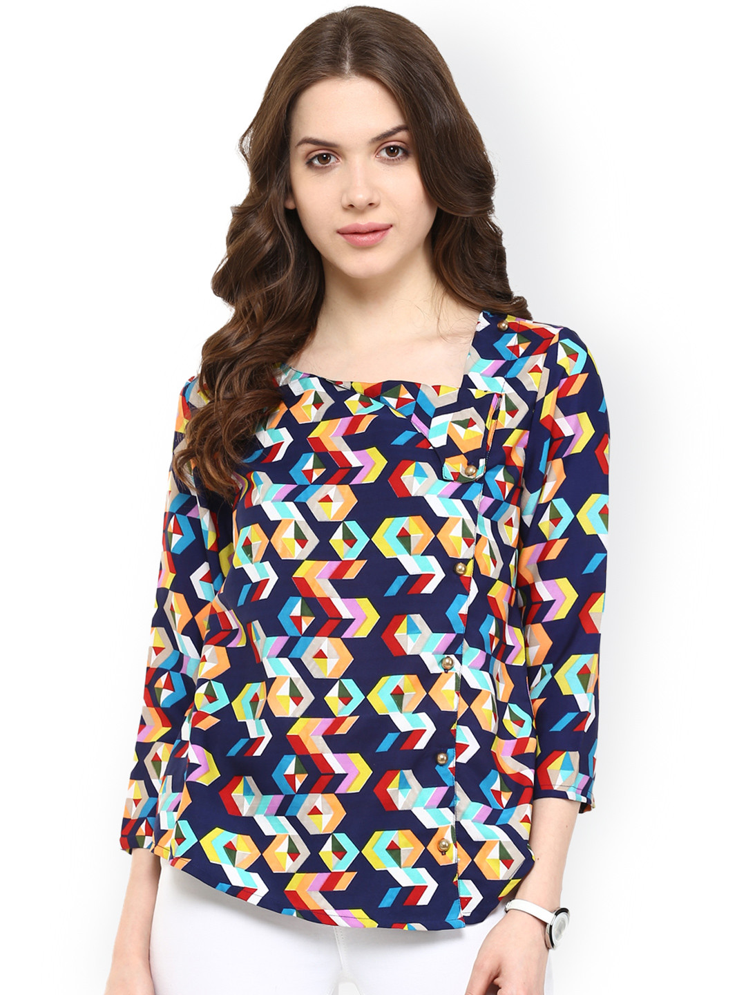Pannkh Navy Geometric Print Polyester Top