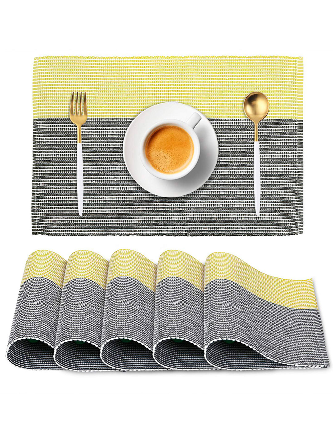 HOKIPO Set Of 6 Black & Yellow Striped Table Placemats