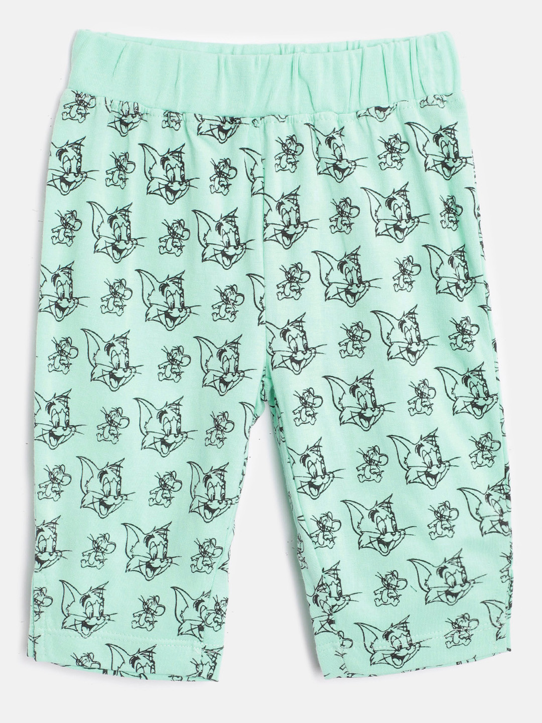 toothless Girls Sea Green & Black Tom & Jerry Print Pure Cotton Regular Fit Capris