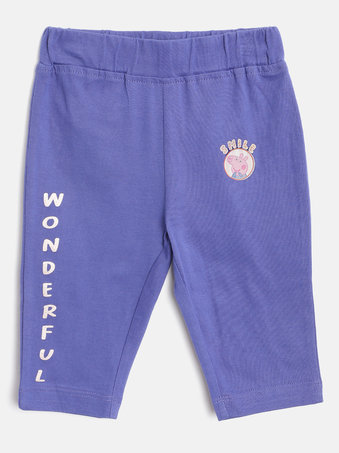 toothless Girls Blue Solid Pure Cotton Regular Fit Capris with Peppa Pig Print Detail