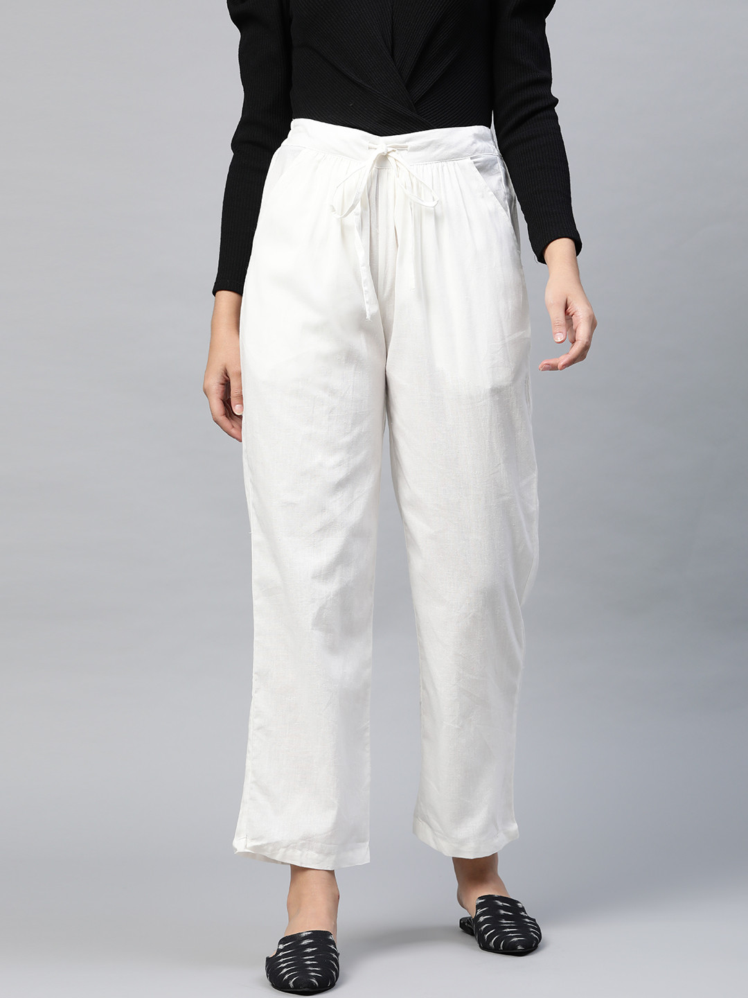 HERE&NOW Women White Cotton Solid Straight Palazzos