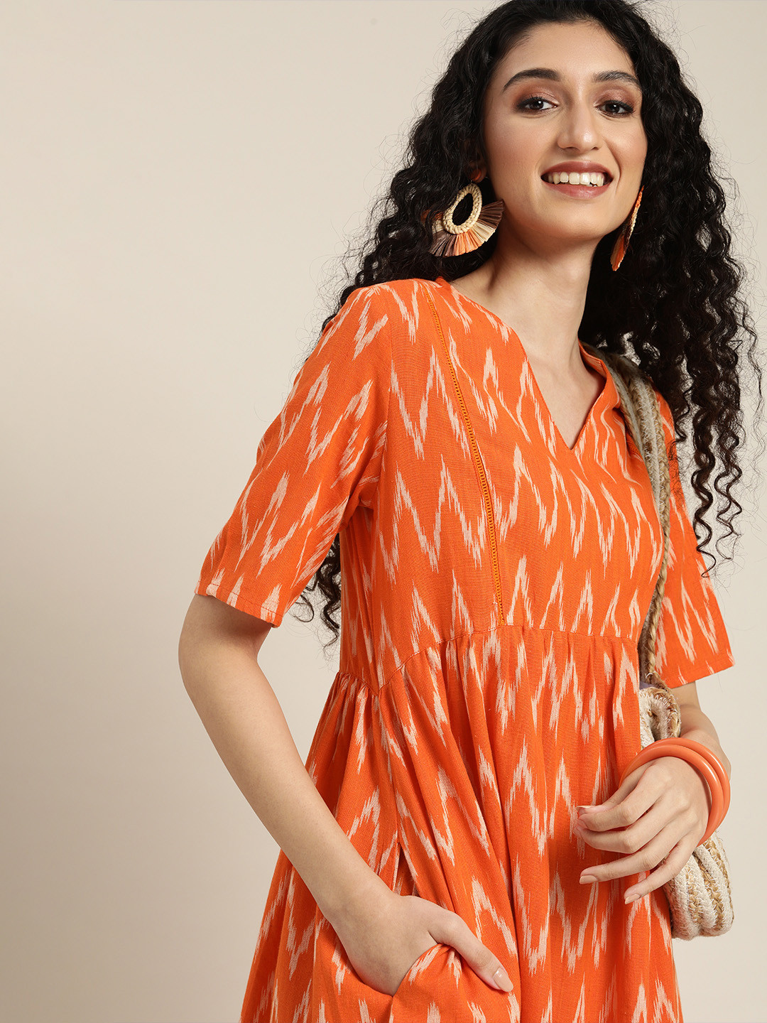 Taavi Orange & White Ikat Woven Design Ethnic A-Line Dress with Gathers