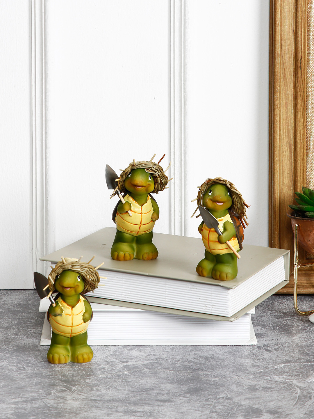 TAYHAA Turtle with Jute Hats Green Polyresin Matte Living Room Set of 3 Small Showpieces - 4.3 Inches