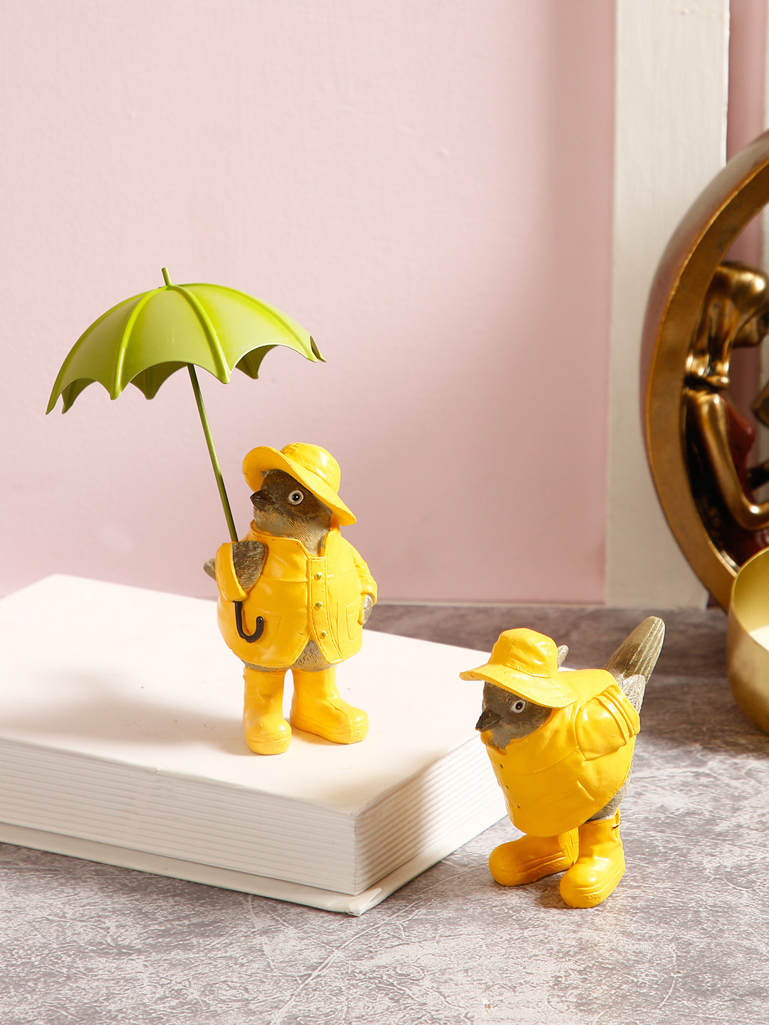 TAYHAA Birdies Yellow Polyresin Matte Living Room Set of 2 Small Showpieces - 5.9 Inches