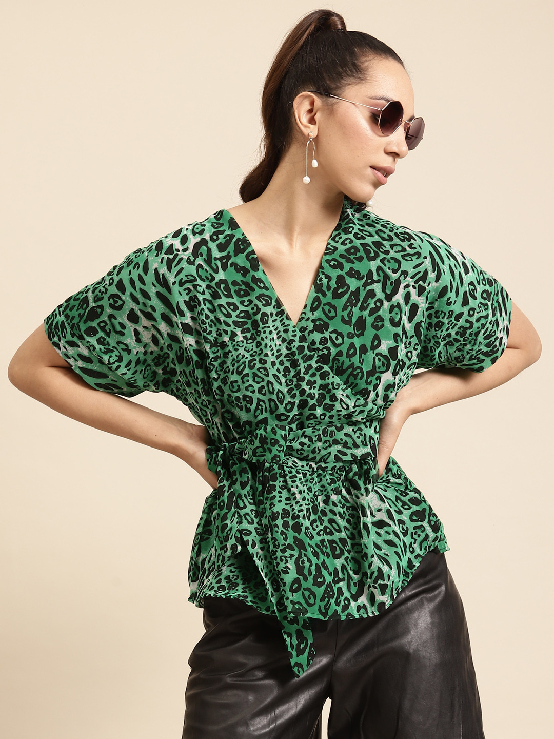 DODO & MOA Green & Black Leopard Printed Wrap Top with Belt