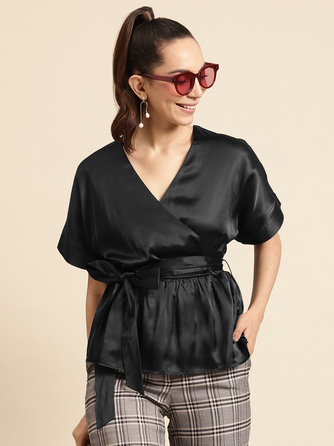 DODO & MOA Black Solid Satin Finish Wrap Top with Belt