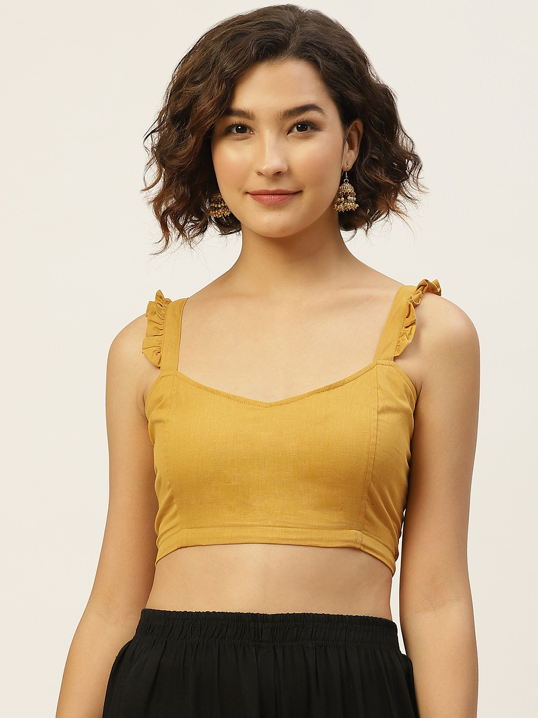 Molcha Women Mustard Yellow Pure Cotton Solid Non Padded Blouse