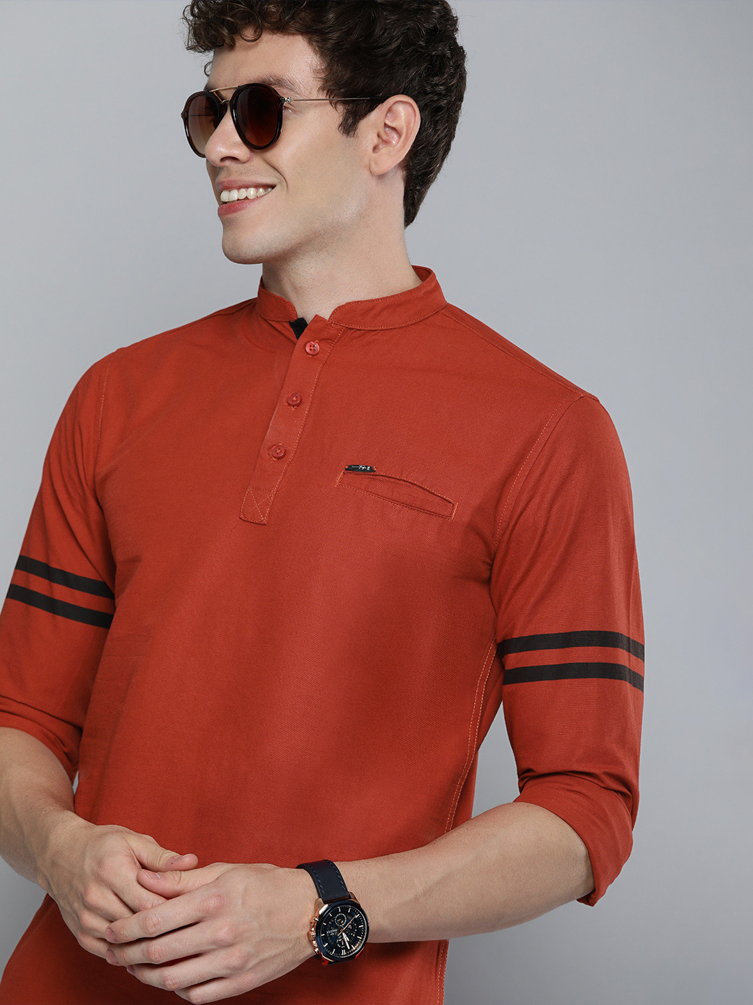 The Indian Garage Co Men Coral Red Solid Pure Cotton Kurta