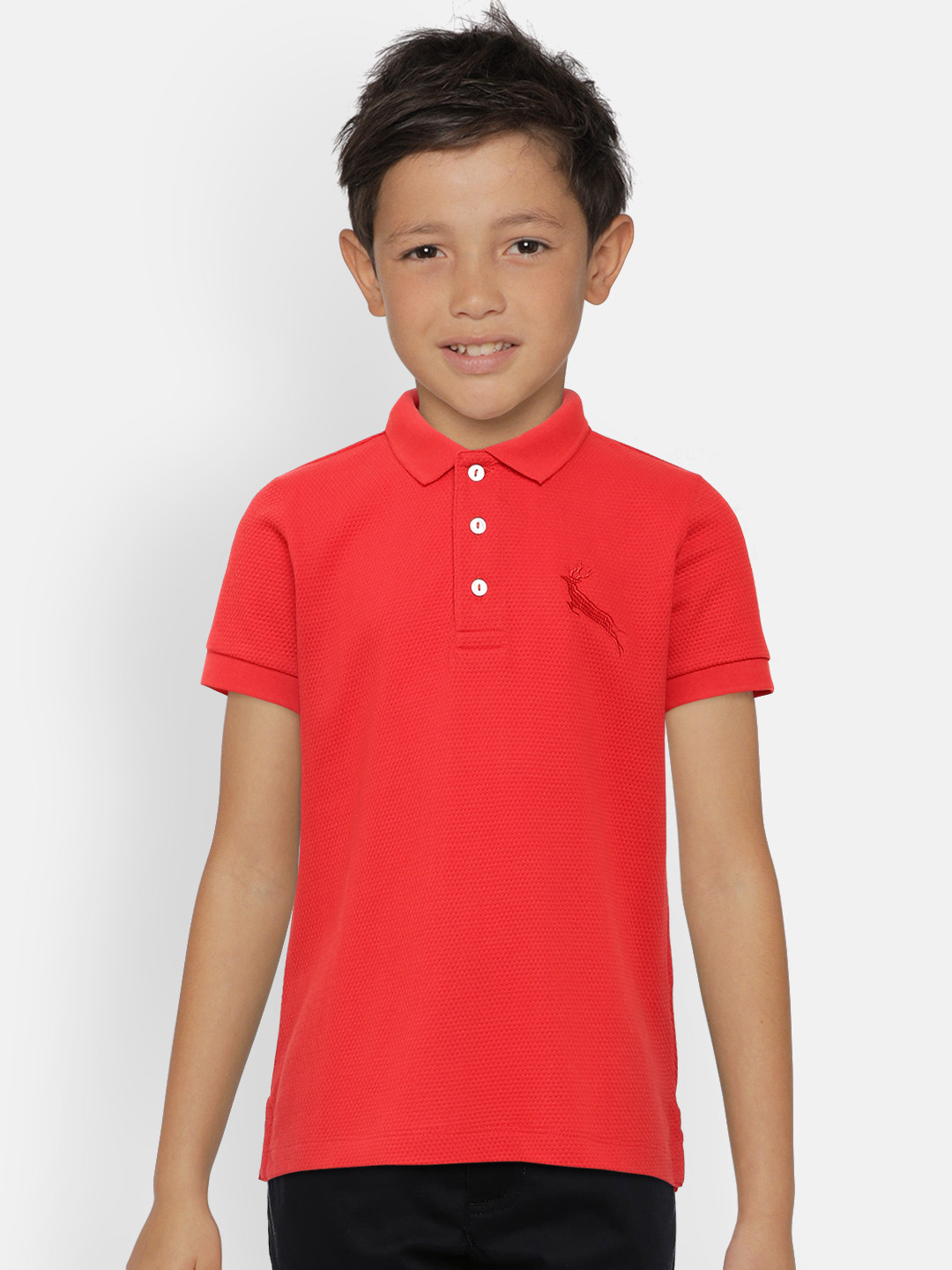 LAdore Unisex Kids Red Self Design  Polo Collar Pure Cotton T-shirt