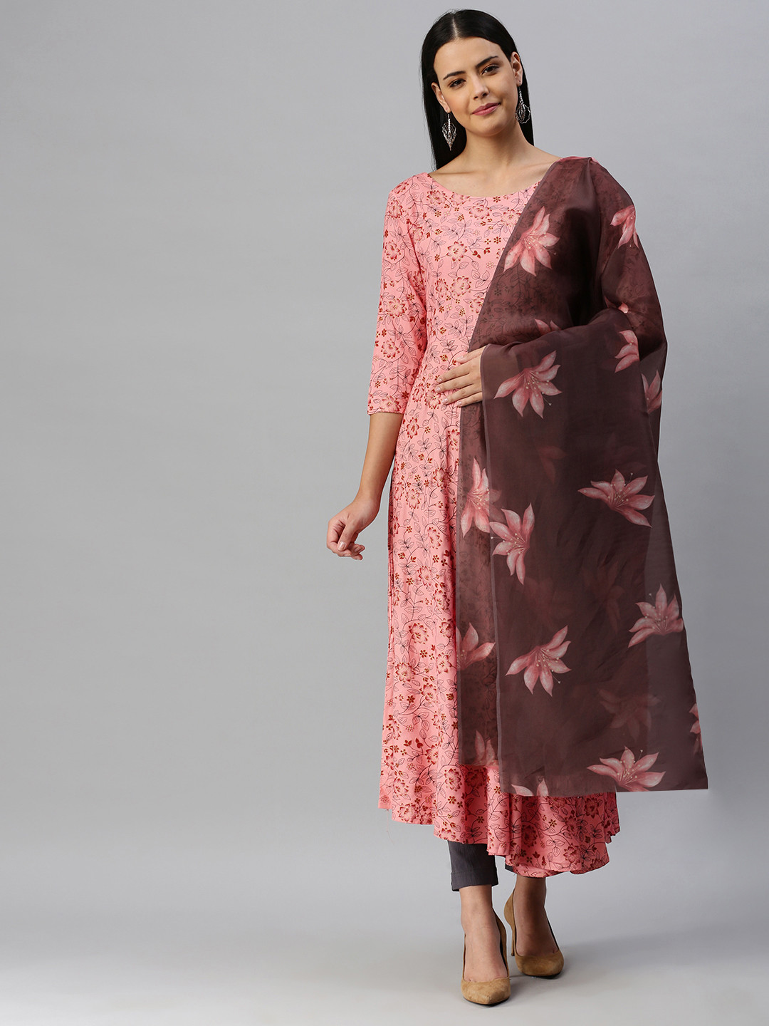 Blissta Women Peach & Brown Floral Printed Anarkali Kurta with Dupatta