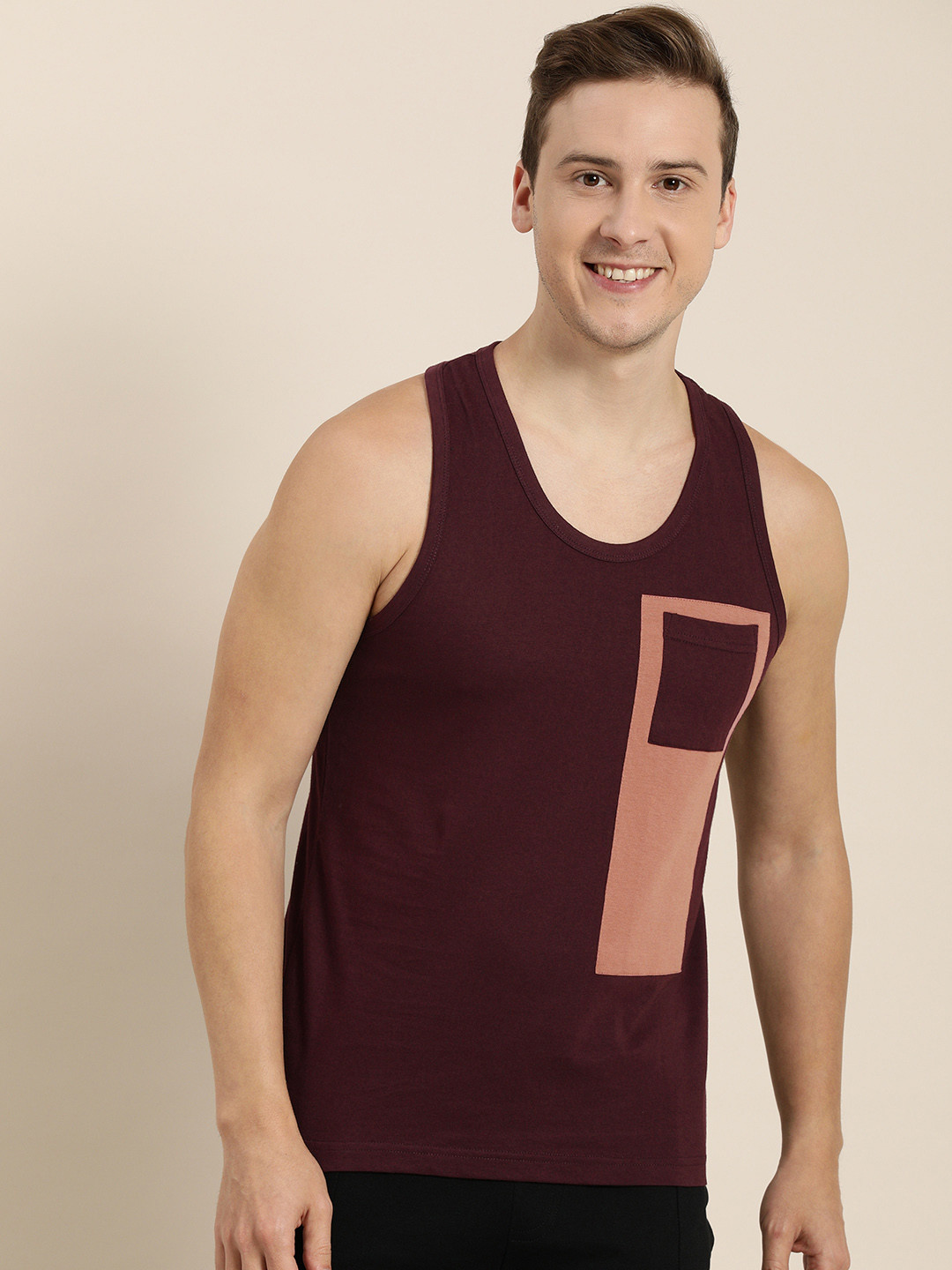 Difference of Opinion Men Maroon  Peach-Coloured Colourblocked Pure Cotton T-shirt