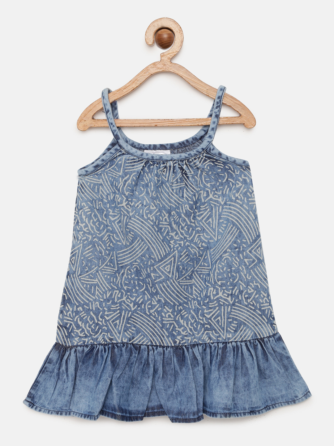 Eimoie Girls Blue Printed Denim Drop-Waist Dress