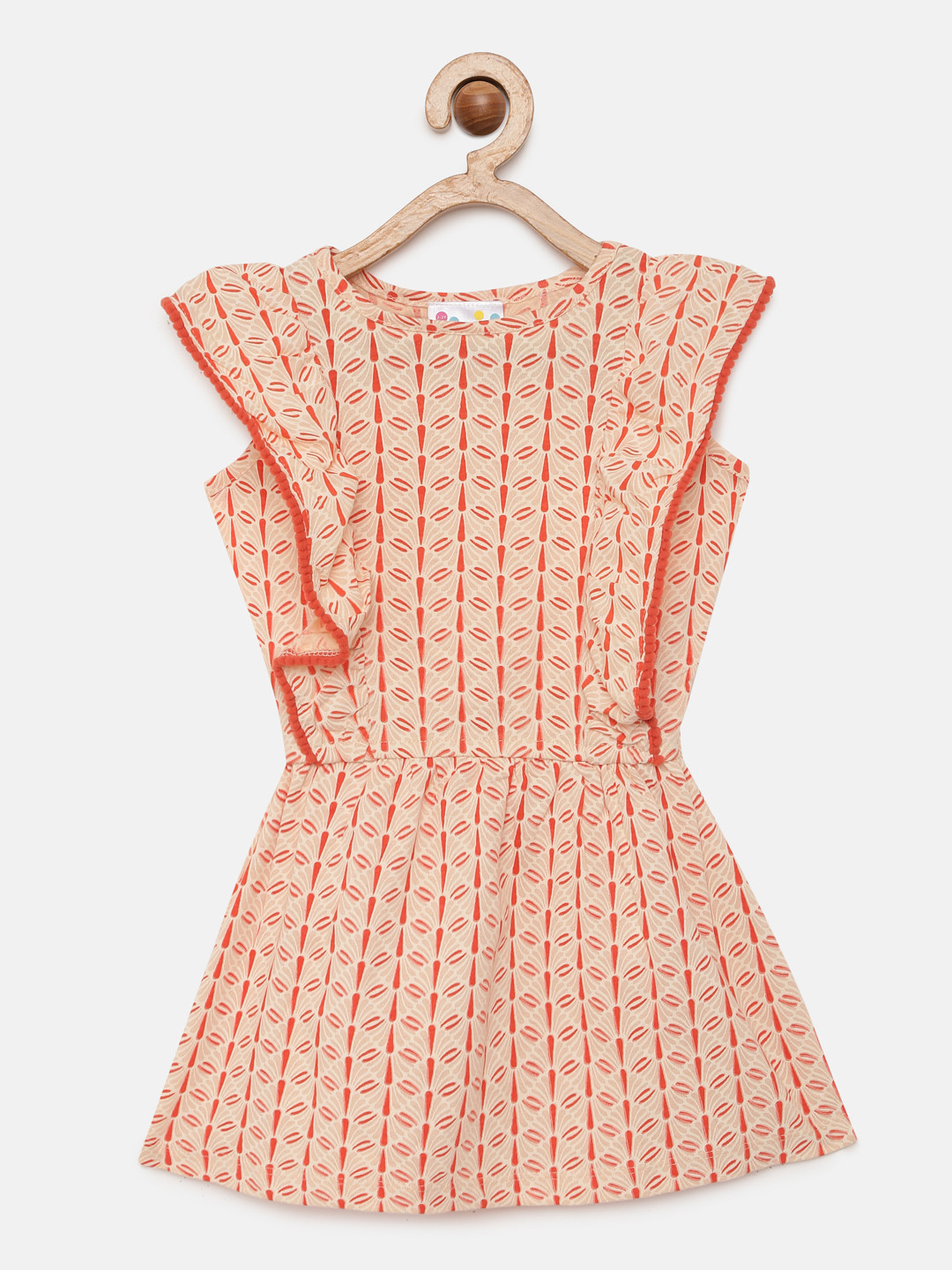 Eimoie Girls Rust-Coloured Printed Pure Cotton Fit and Flare Dress