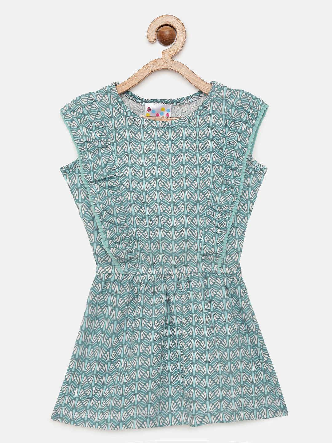 Eimoie Girls Sea Green Printed Pure Cotton Fit and Flare Dress
