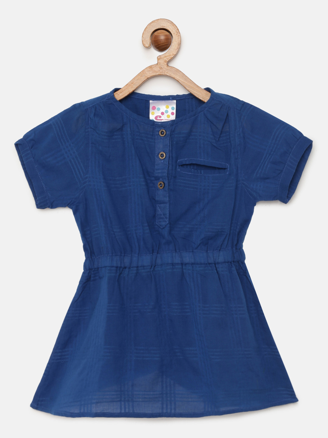 Eimoie Girls Navy Blue Self-Checked Pure Cotton Fit and Flare Dress