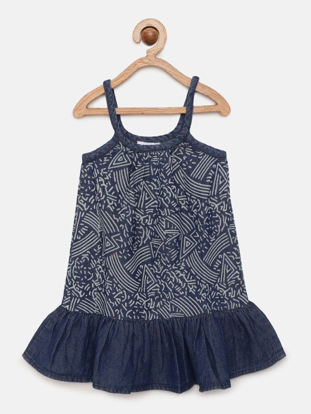 Eimoie Girls Navy Blue Printed Denim Drop-Waist Dress