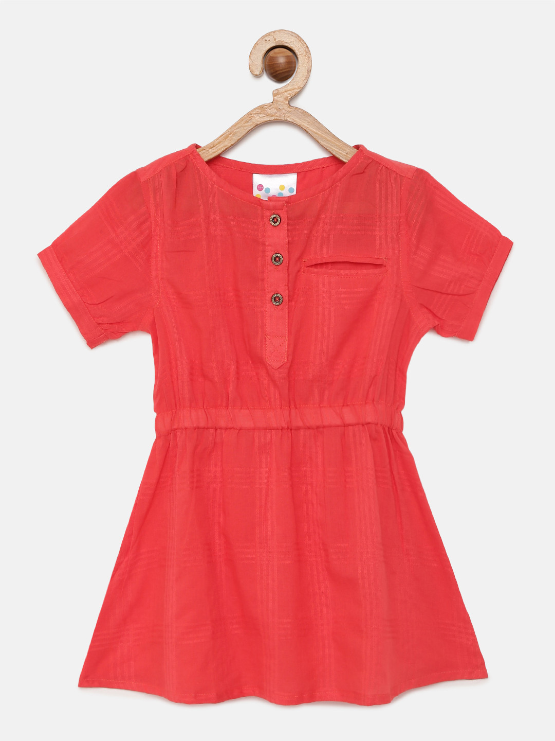 Eimoie Girls Coral Self-Checked Pure Cotton Fit and Flare Dress