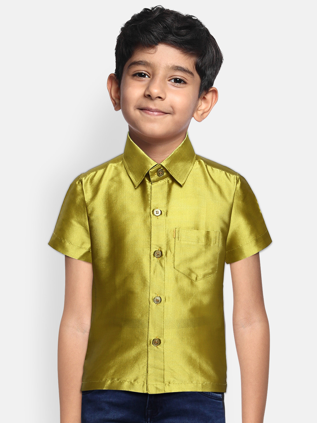 THANGAMAGAN Boys Olive Green Regular Fit Solid Ethnic Silk Shirt