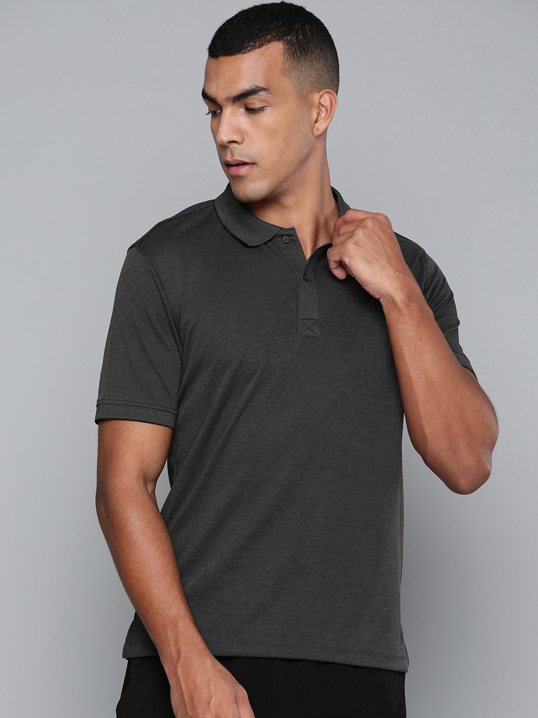 Alcis Men Charcoal Grey Solid Polo Collar T-shirt