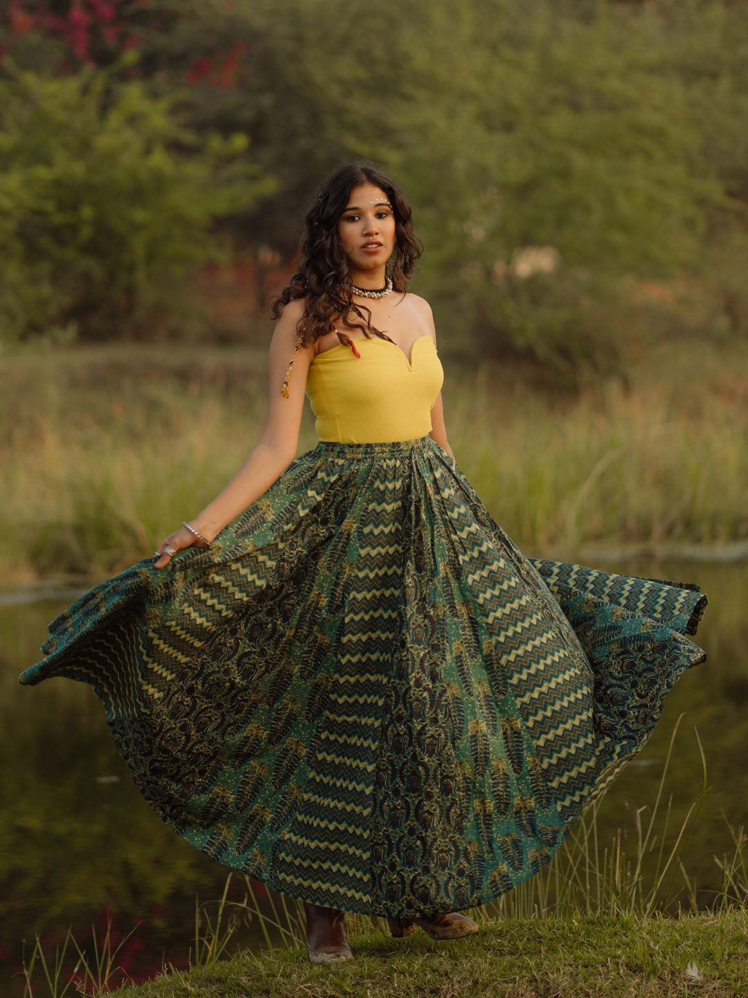 Green patterned skirt and top best sale