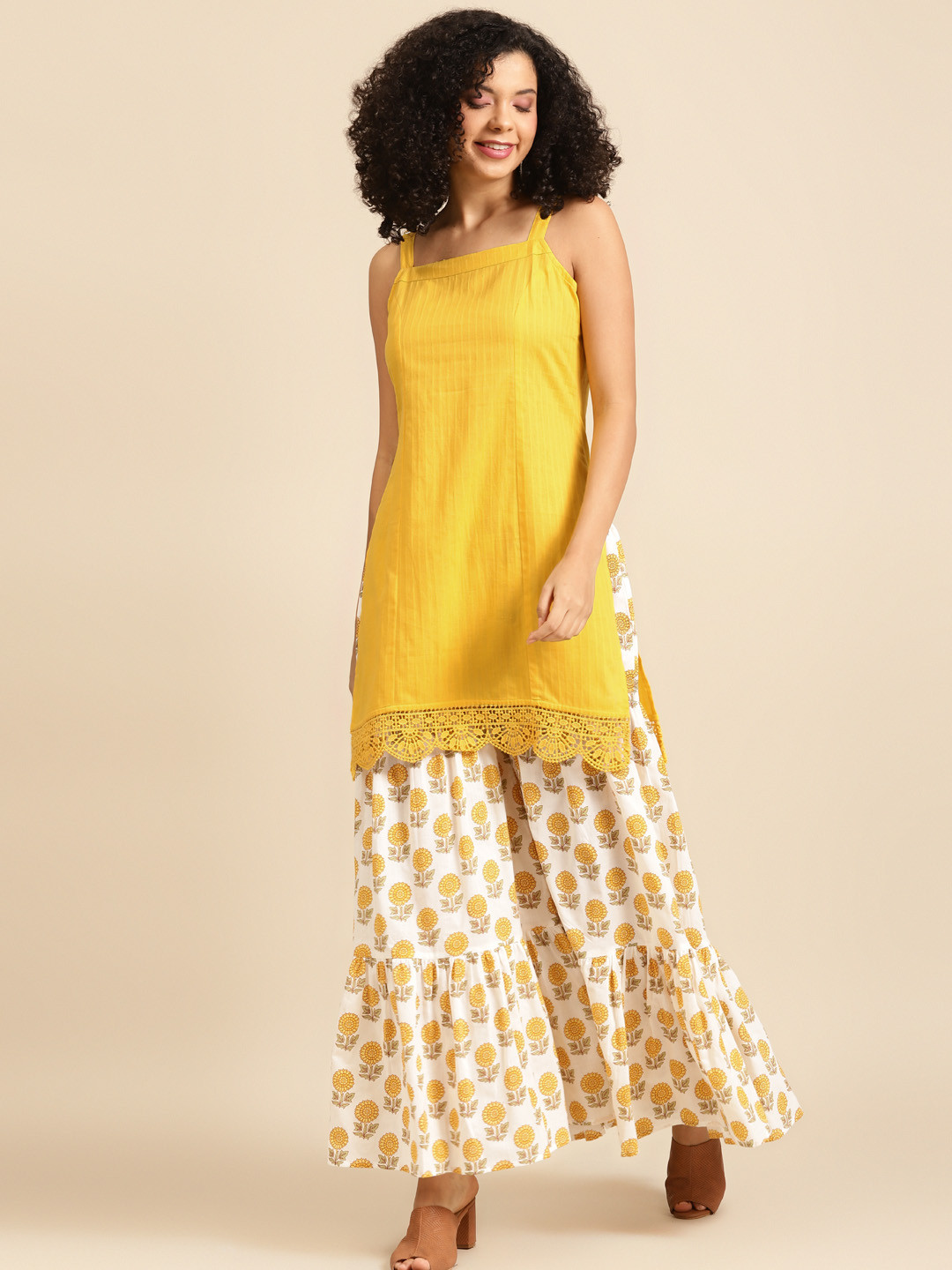anayna Women Yellow & Off-White Solid Kurta with Sharara