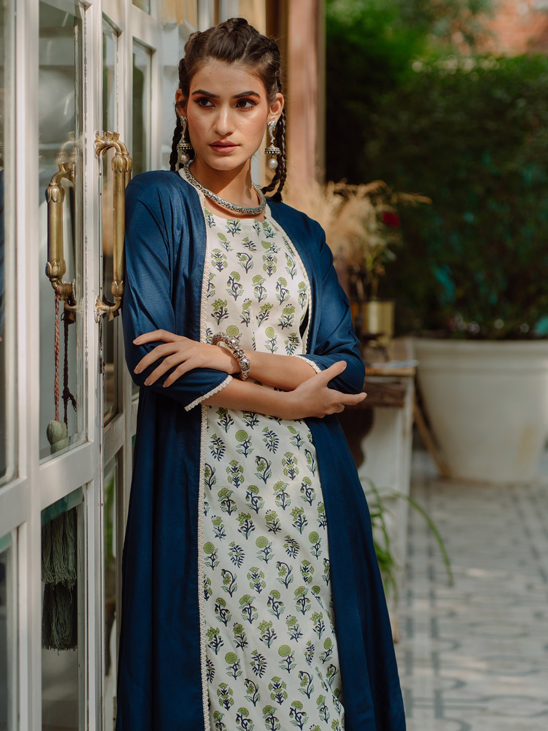 anayna Women White & Teal Blue Printed Layered Kurta with Salwar