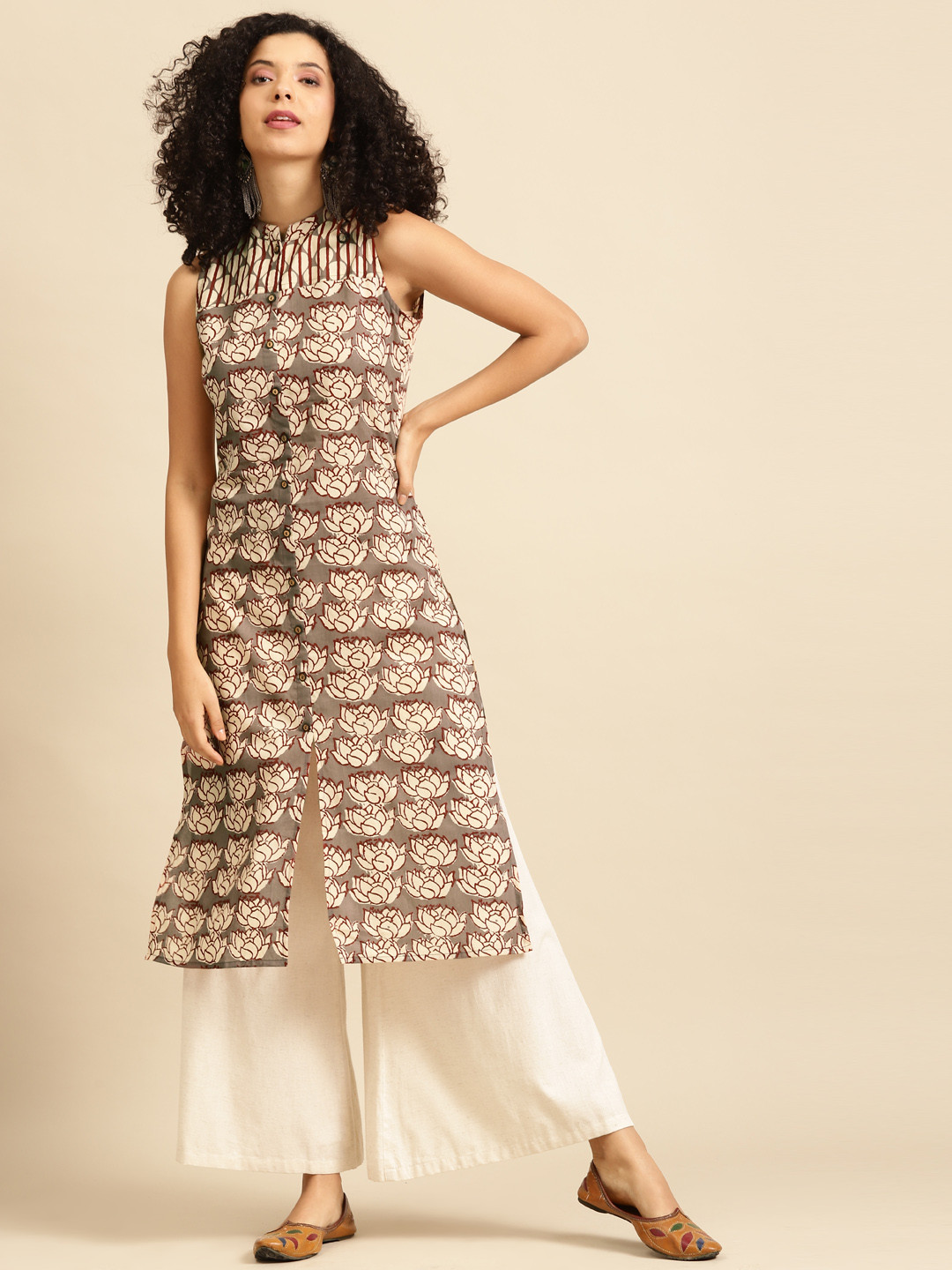 anayna Women Taupe & Off White Floral Print Cotton Kurta