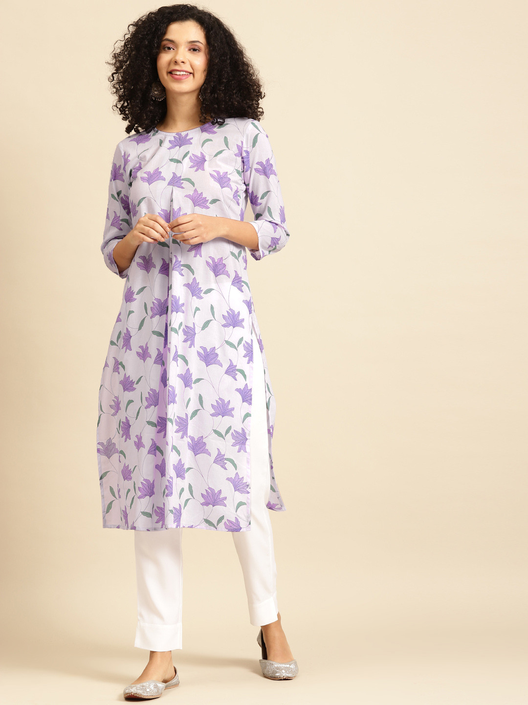 anayna Women Lavender & Green Romantic Floral Print Cotton A-Line Pastel Kurta