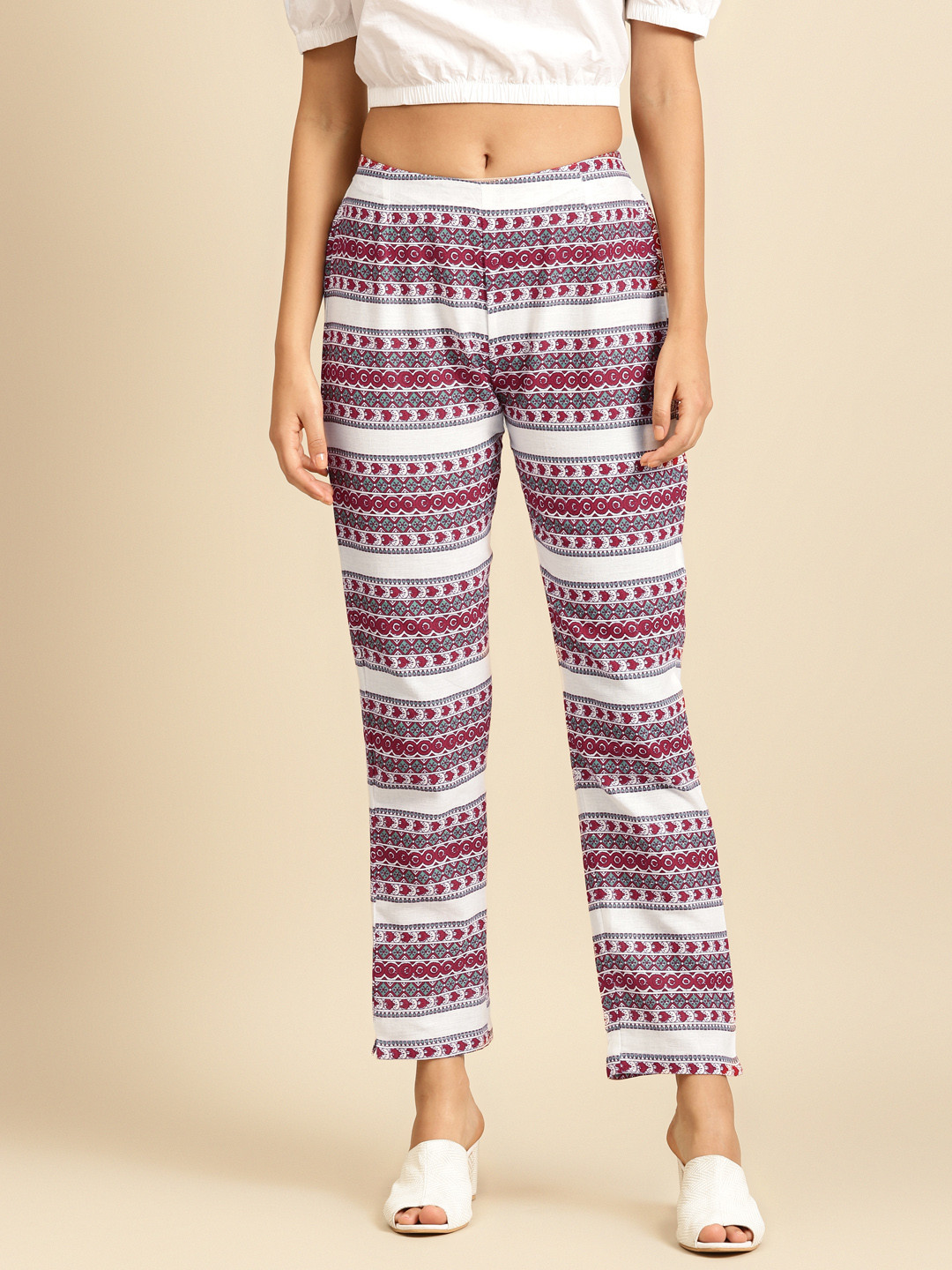 anayna Women White & Purple Printed Straight Palazzos