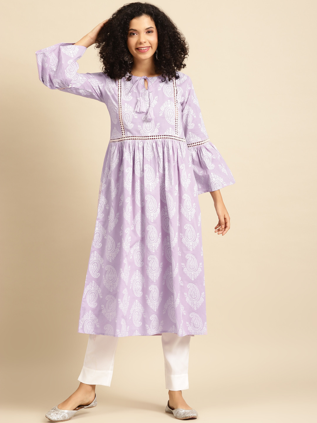 anayna Women Lavender & White Paisley Screen Print Bell Sleeves Cotton Pastels Kurta