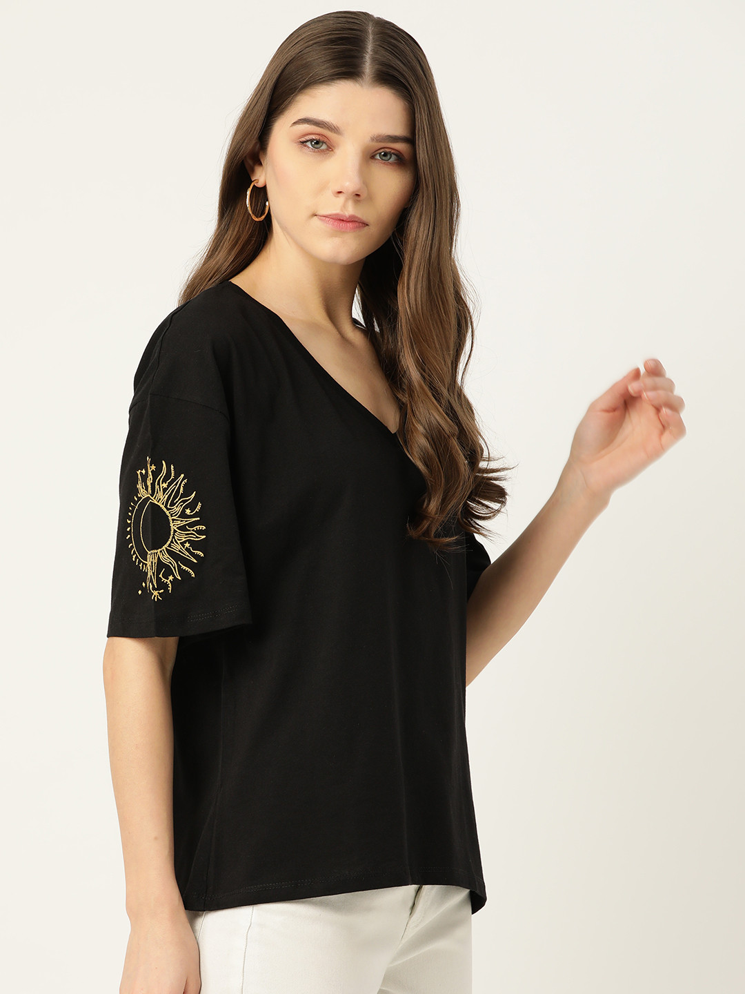 Trendyol Women Black Pure Cotton Solid V-Neck T-shirt