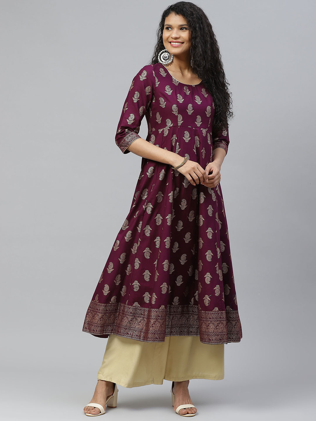 Poshak Hub Women Burgundy & Golden Paisley Printed Anarkali Panelled Kurta