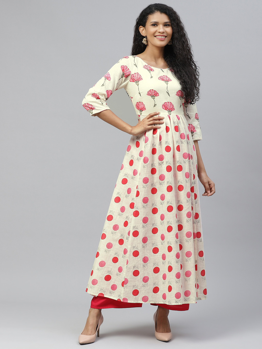 Poshak Hub Women Off White & Pink Geometric Printed Pure Cotton Kurta